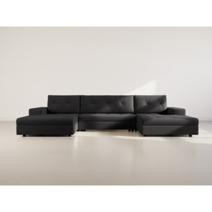 Bastian - canapé panoramique en U 7 places convertible avec coffre en velours texturé - Noir