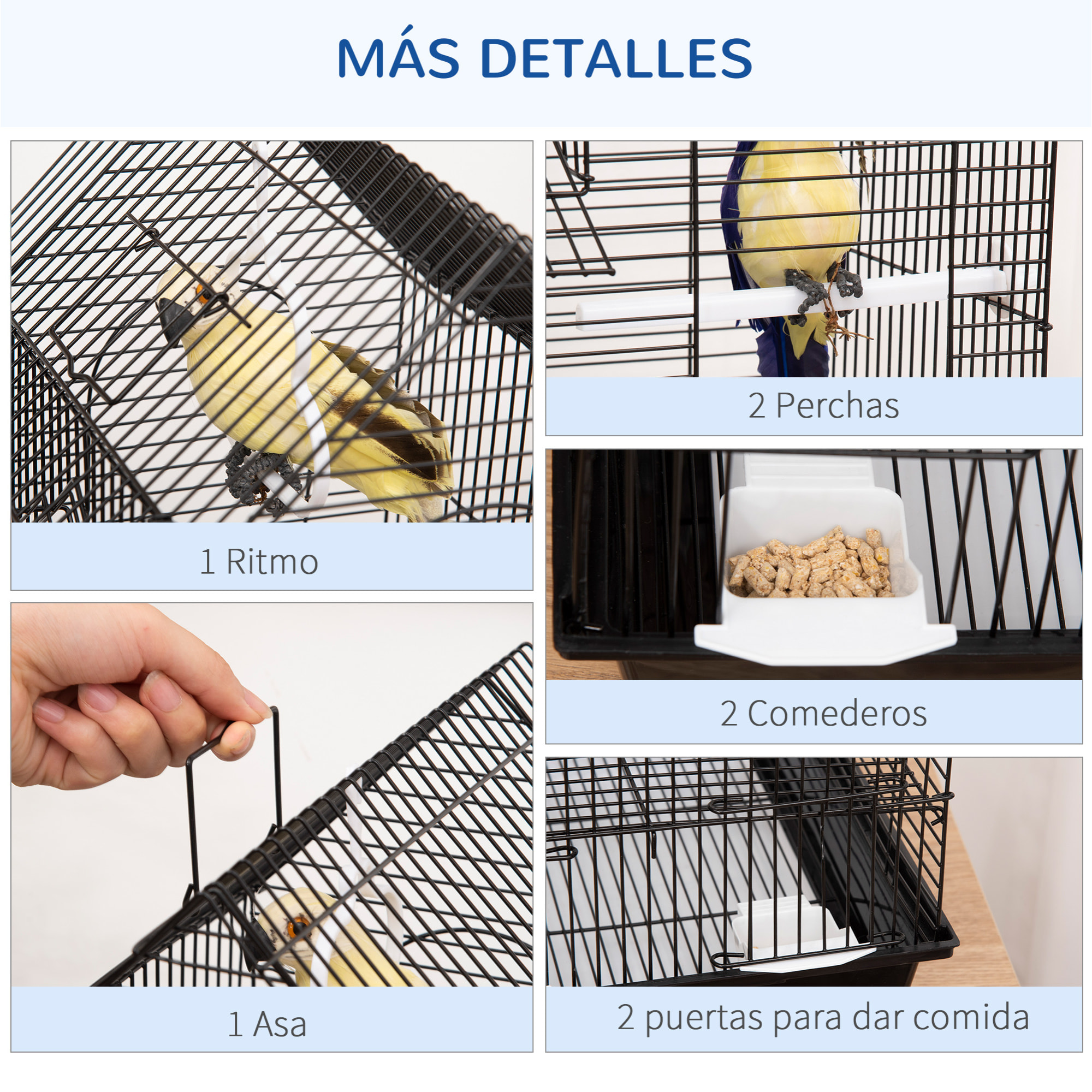 Jaula para Pájaros 39x33x47cm con 3 Puertas 2 Comederos 2 Perchas Columpio Negro