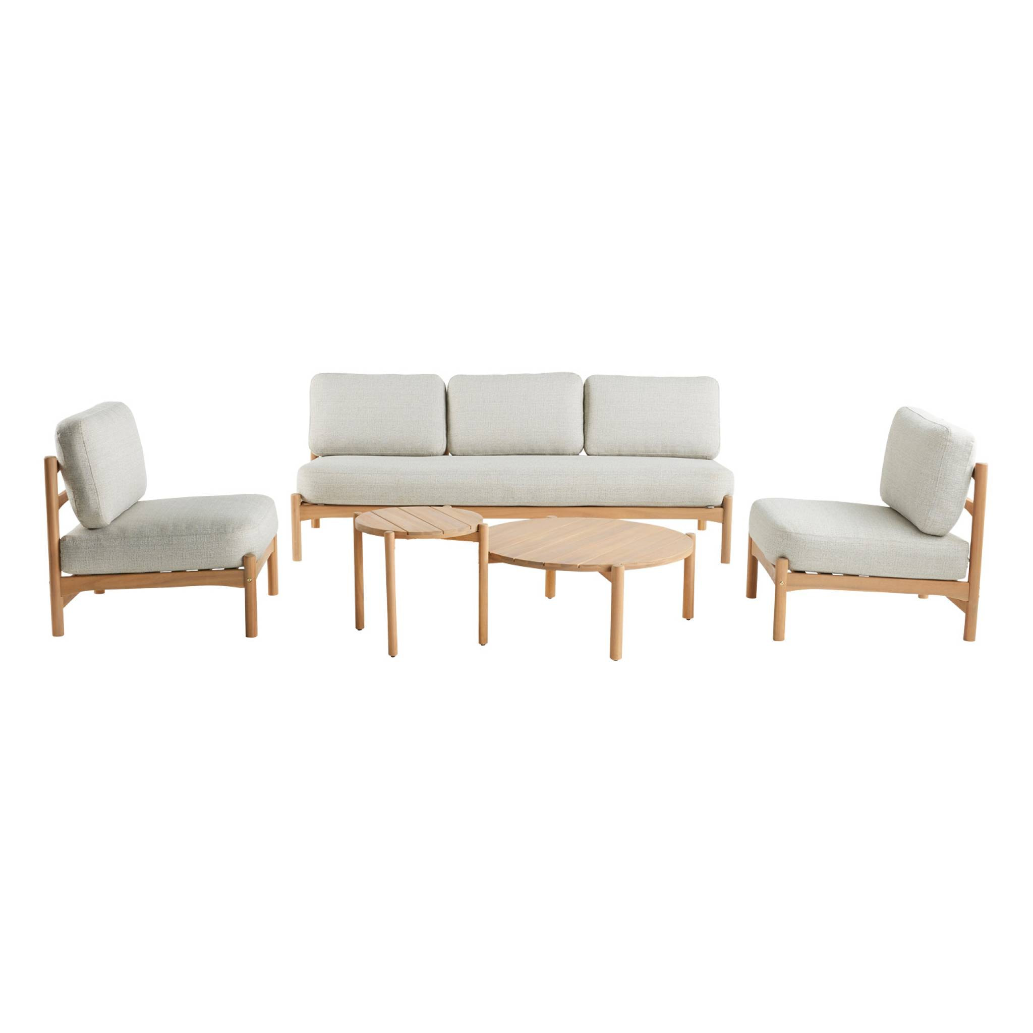 Salon de jardin COPACABANA 5 places en bois d'acacia. housse beige en lin. un banc. deux fauteuils. deux tables