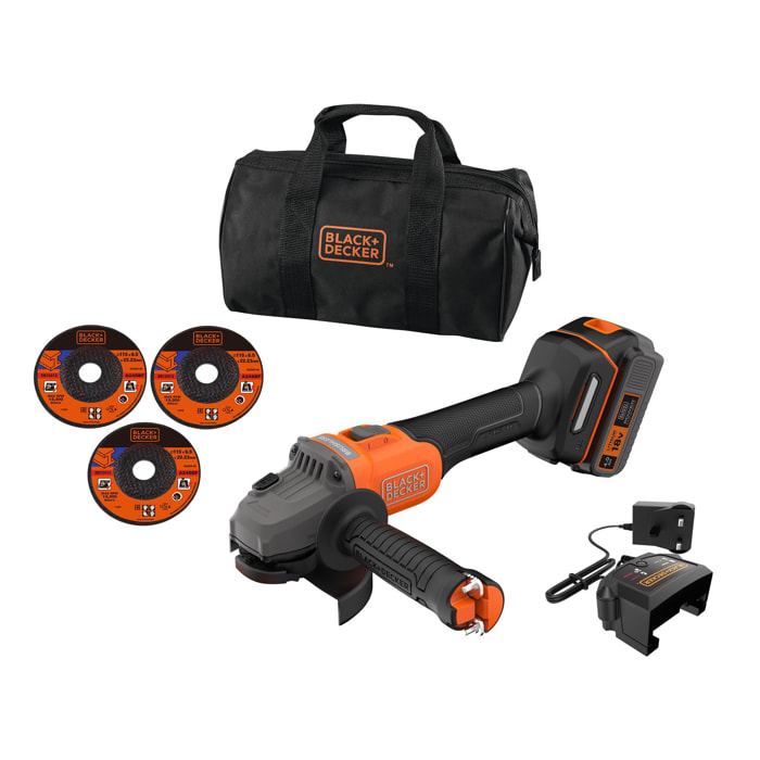 Meuleuse BRUSHLESS 18V - 7600 trs/min, 115 mm, 1 batterie 4Ah, 1 chargeur 1A, 3 disques, 1 sac de transport