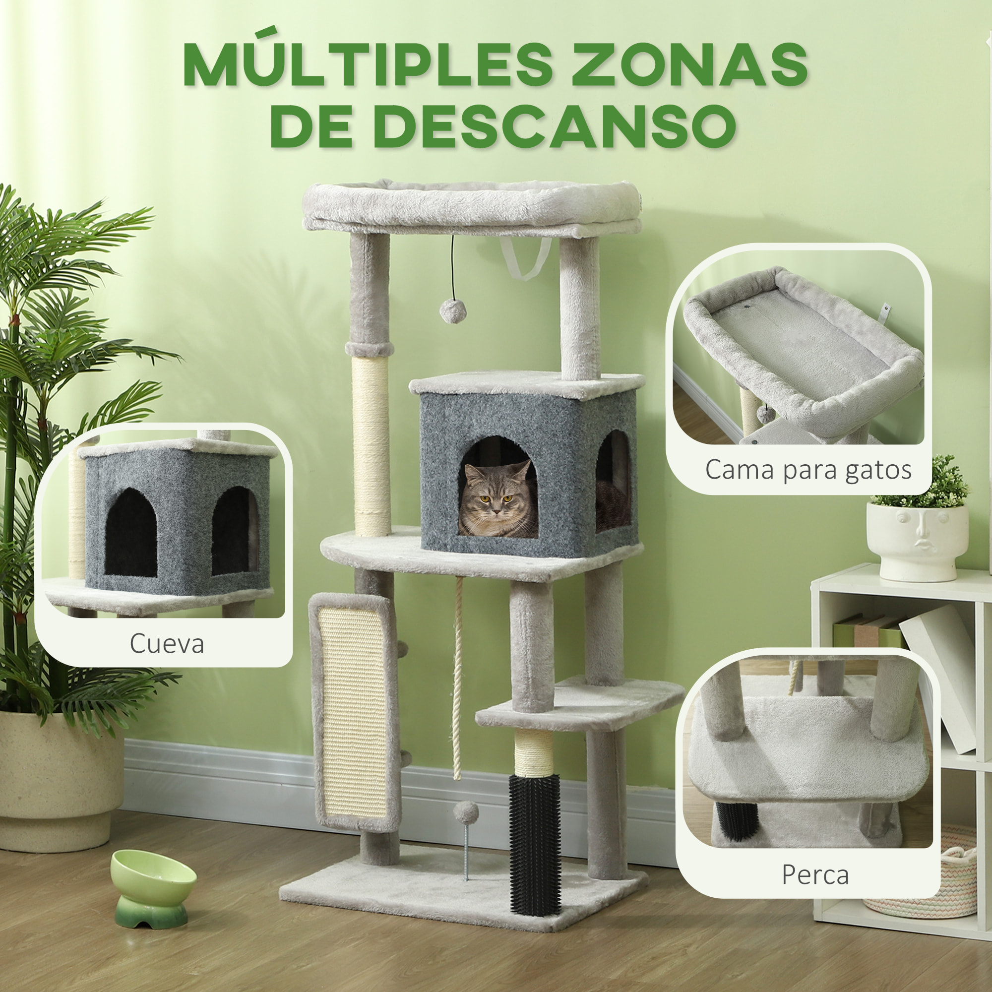 Árbol Rascador para Gatos Altura 132 cm Árbol para Gatos Torre para Gatos con Plataformas Poste con Cepillo Bolas Colgantes y Almohadilla para Rascar Gris Claro