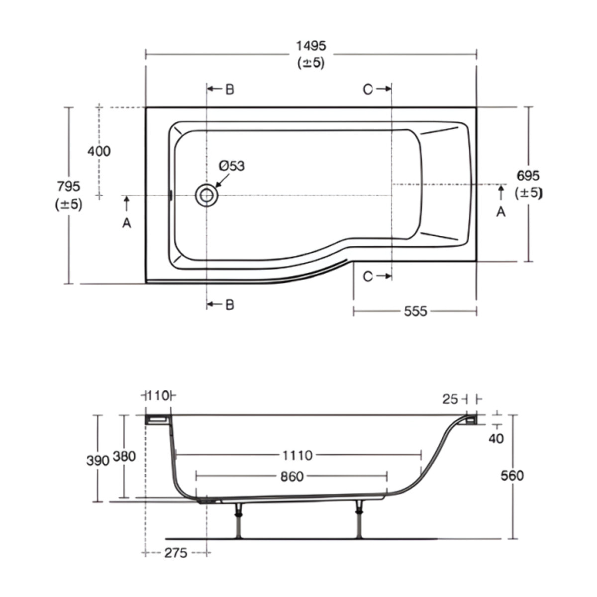 Ideal Standard baignoire pour bain douche 150x80 asymétrique Connect Air gauche blanc