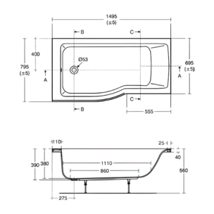 Ideal Standard baignoire pour bain douche 150x80 asymétrique Connect Air gauche blanc
