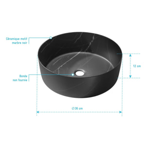 Vasque à poser ronde en céramique noire mat effet marbre 36x12 cm - BLACK MARBLE