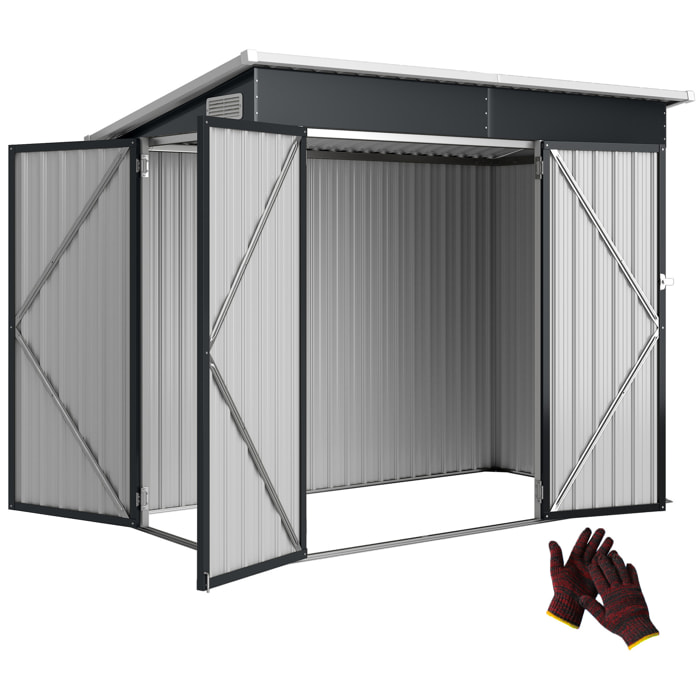Caseta de Jardín Exterior 2,7 m², 234x132x185 cm, Cobertizo de Jardín Exterior Metálico con Triple Puerta, Cerradura, Techo Inclinado y Ventilación para Almacenamiento de Herramientas, Gris