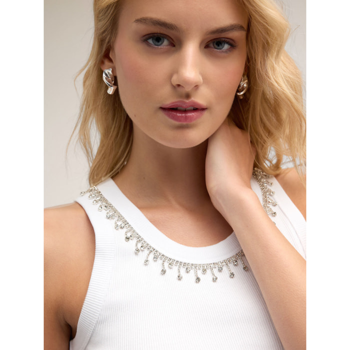 Motivi - Tank top con frange crystal - Bianco