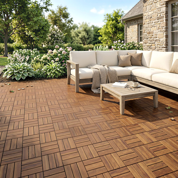 Set de 10 Piezas Baldosas de Exterior de Madera de Acacia, 31x31 cm, 0,91 m², Suelo de Terraza Exterior, Antideslizantes y Resistentes al Clima, Fácil Instalación, para Terraza, Marrón Oscuro