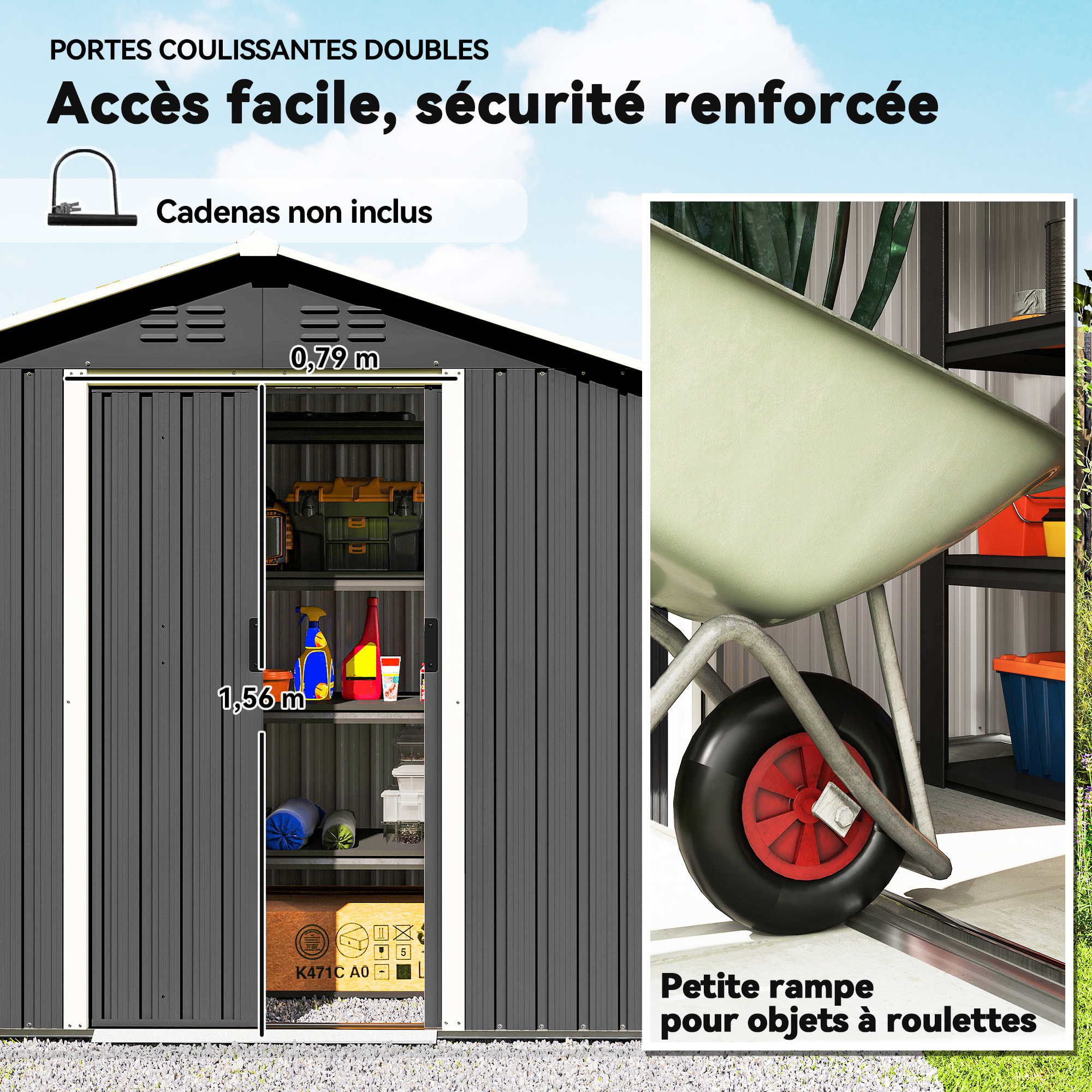 Abri de jardin 1,8 m² - cabanon 2 portes coulissantes verrouillables - tôle d'acier ondulé gris