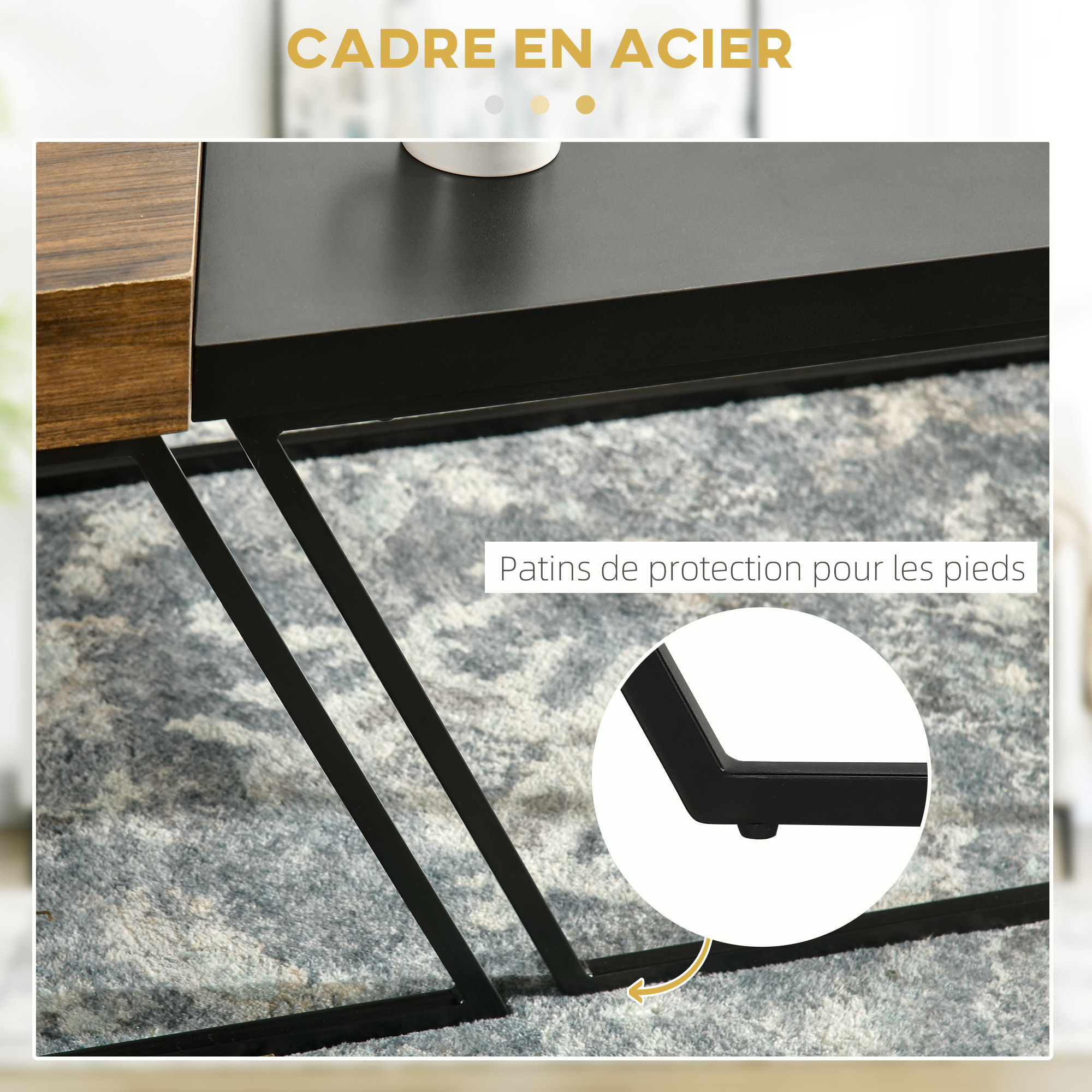 Lot de 2 tables basses design industriel géométrique - effet bois et acier noir