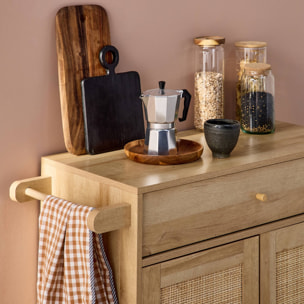 Desserte de cuisine BOHEME décor bois et cannage 1 poignée 1 tiroir 2 portes 4 roues. Naturel