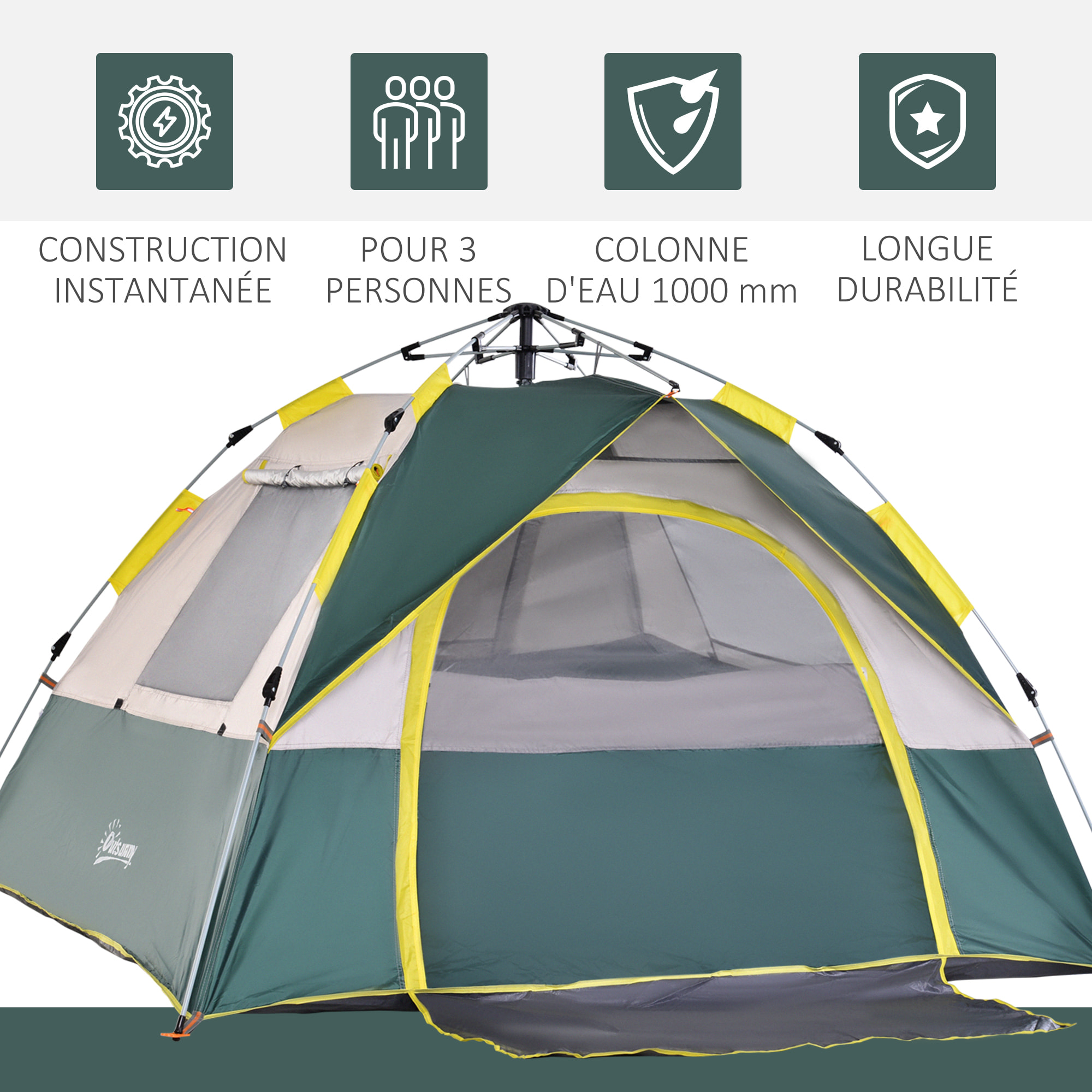 Tente de camping pop up 3 personnes porte 3 fenêtres sac de transport inclus fibre verre polyester PE jaune gris vert