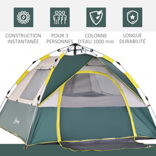 Tente de camping pop up 3 personnes porte 3 fenêtres sac de transport inclus fibre verre polyester PE jaune gris vert