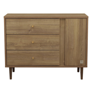 Commode 3 tiroirs et 1 porte avec détail imitation bois texturé et pieds bois
