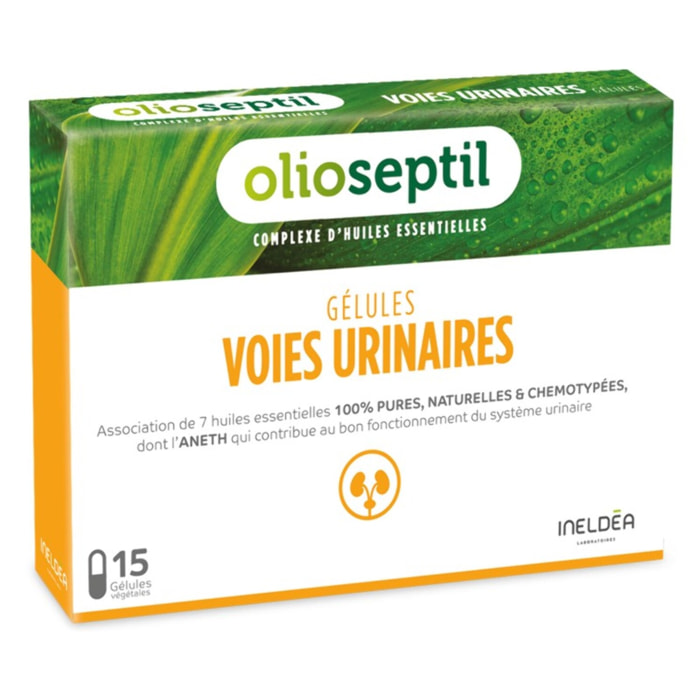 OLIOSEPTIL - Gélule Voies Urinaires - Assainit le système urinaire et favorise l'élimination rénale de l'eau - Complexe 7 Huiles Essentielles Pures et Chémotypées en Gélules Végétales - 15 Gélules