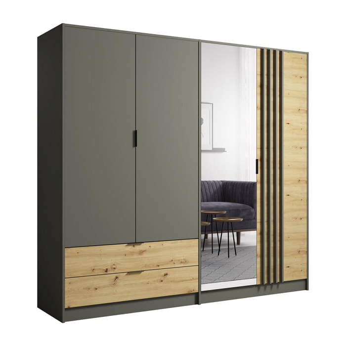 Nicosie - armoire avec miroir - bois et gris - 220x203 cm - Bois / Gris
