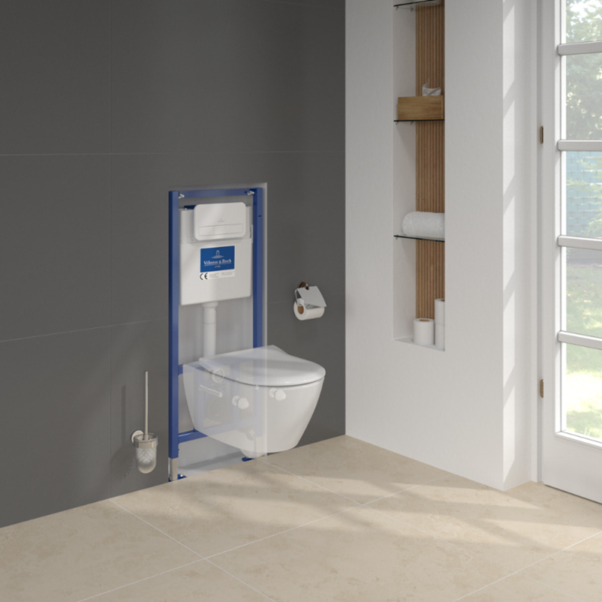 Pack WC sans bride Subway 2.0 avec abattant frein de chute + bâti Viconnect PRO + plaque Chromé mat  + Tabouret bois