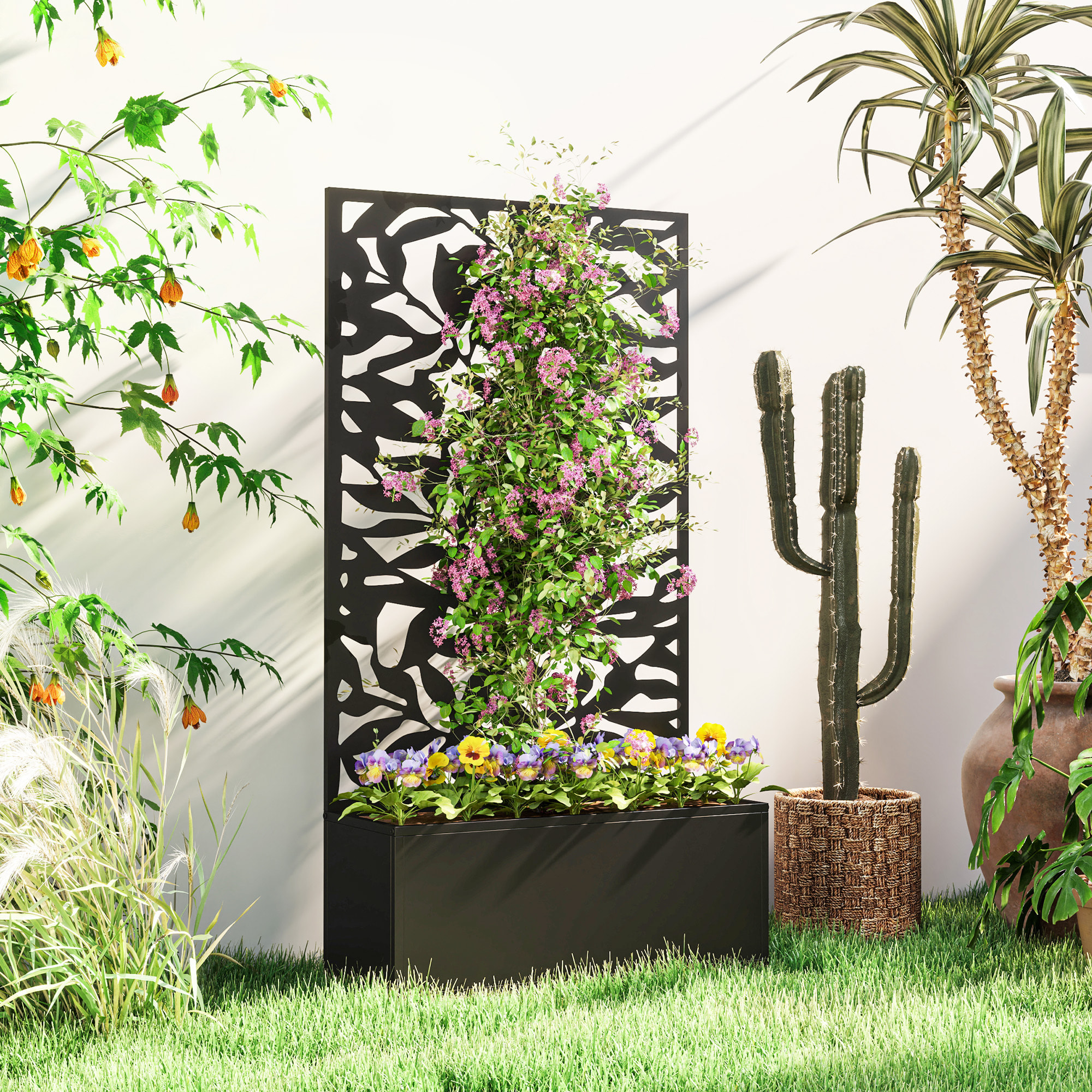 Jardinera Exterior Grande de Metal Jardinera con Pantalla de Privacidad de Hojas Sólidas Decorativas Jardinera de Pared o Independiente para Patio Terraza 61x23x113 cm Negro