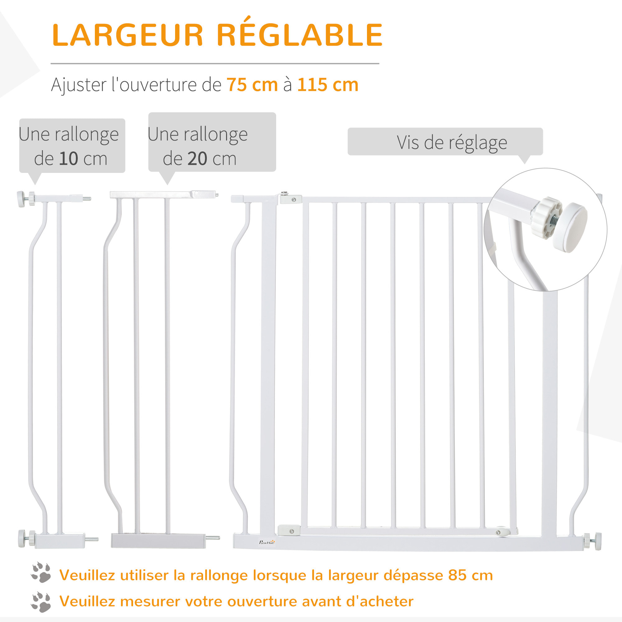 Barrière de sécurité barrière pour animal domestique longueur réglable barrière escaliers couloirs portes sans perçage en acier et ABS dim. 75-115L x 76H cm blanc