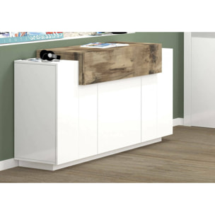 Credenza moderna, Madia di design a 4 ante, Made in Italy, Mobile Porta TV, Buffet da soggiorno, cm 140x45h86, colore Bianco lucido e Acero