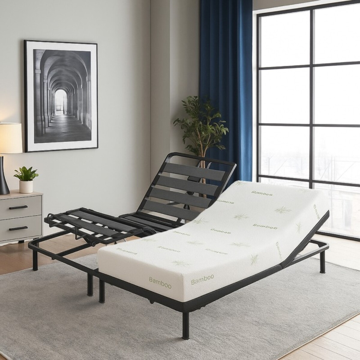 Lit Électrique Ergoflex avec Chevet et Matelas| Sommier à lattes en bois de pin