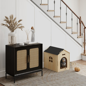 Niche intérieure en kit motif os - niche en bois intérieur - pour petits chiens - grande entrée, fenêtre - effet bois noir