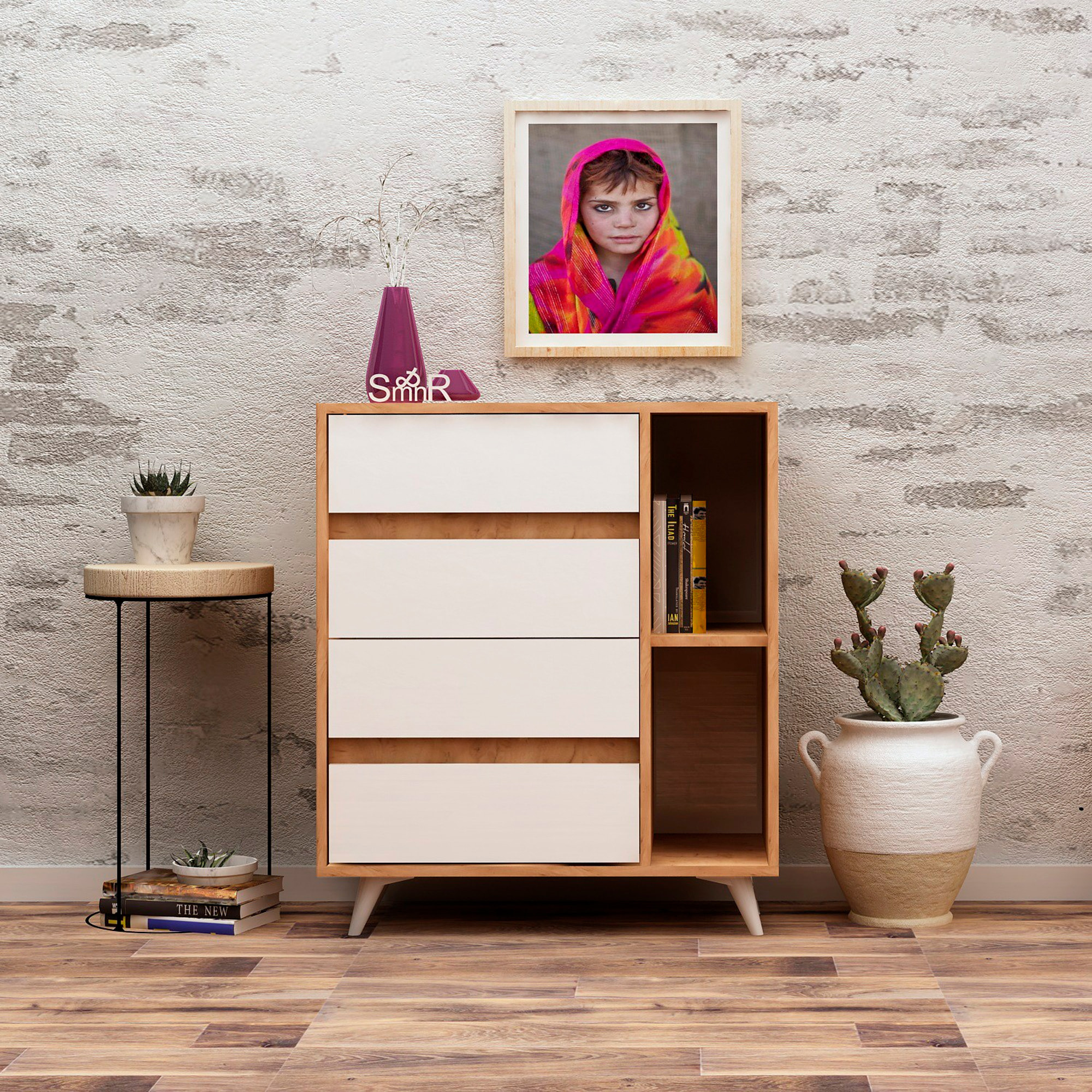 Mueble de roble blanco con 100% tablero aglomerado rechapado en melamina.