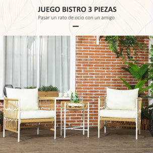 Conjunto Jardín Exterior de 3 Piezas, Muebles de Jardín con 2 Sillas, Mesa de Ratán, Cojines Acolchados, Fundas Extraíbles y Marco de Acero, Resistente a la Intemperie, para Balcón, Crema