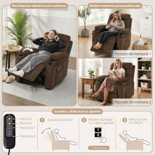 Sillón Relax Reclinable Eléctrico con Calor Lumbar y Masaje Vibración, Sillón Masaje Relax, Motor Silencioso, Función Memoria, Asiento Ancho, Bolsillos, Portavasos, USB, Tela Terciopelo, Marrón