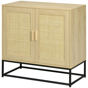 Buffet 2 portes cannage rotin avec étagère piètement acier noir poignées bois pin aspect chêne clair