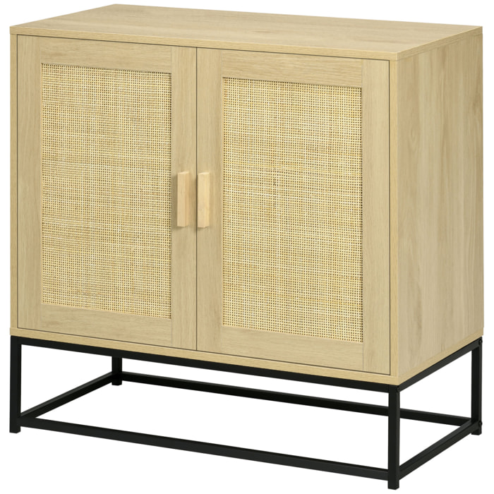 Buffet 2 portes cannage rotin avec étagère piètement acier noir poignées bois pin aspect chêne clair