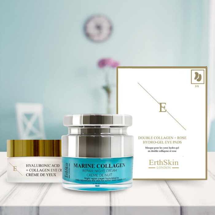 Crema de noche con colágeno marino 50 ml + Ácido hialurónico + Crema para ojos Collagen Pro Age 30 ml + Colágeno doble + Parches para ojos con hidrogel de rosa 5 X 2