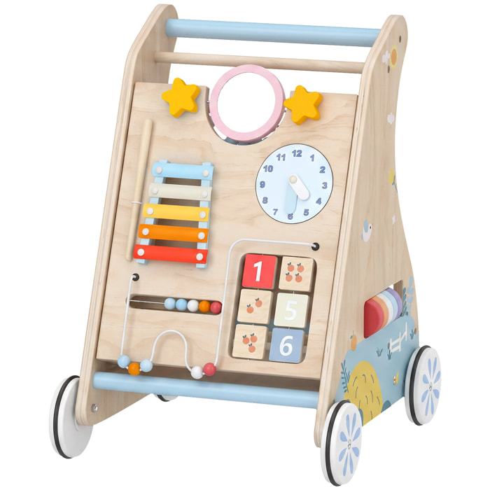 Chariot de marche en bois trotteur bébé avec tableau d'activités