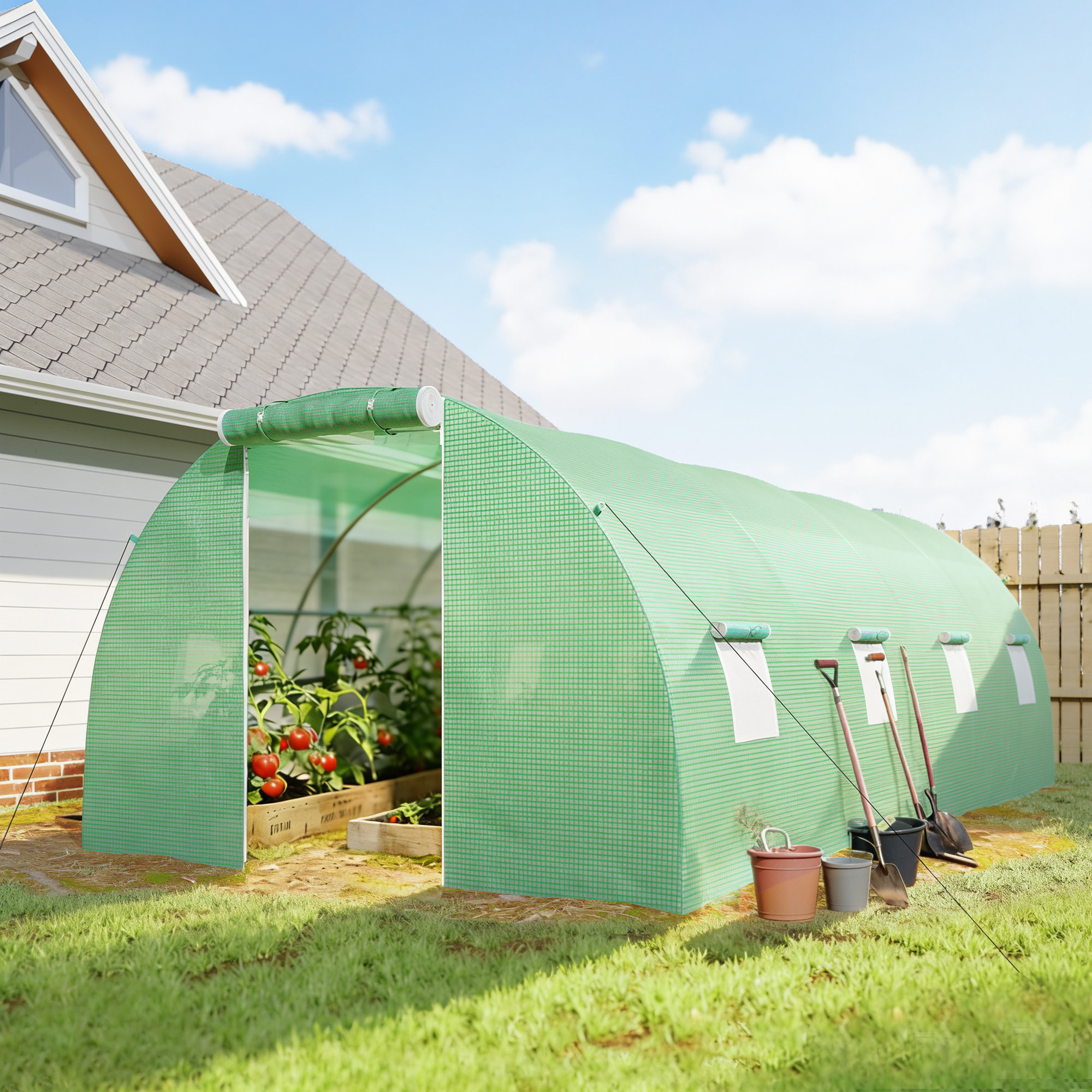Invernadero de Exterior 6x3x2 m, Invernadero de Túnel con Puerta Enrollable, 8 Ventanas de Malla, Cubierta PE 140g/m² y Marco de Acero Galvanizado, Anti-UV, Impermeable, para Cultivos, Verde