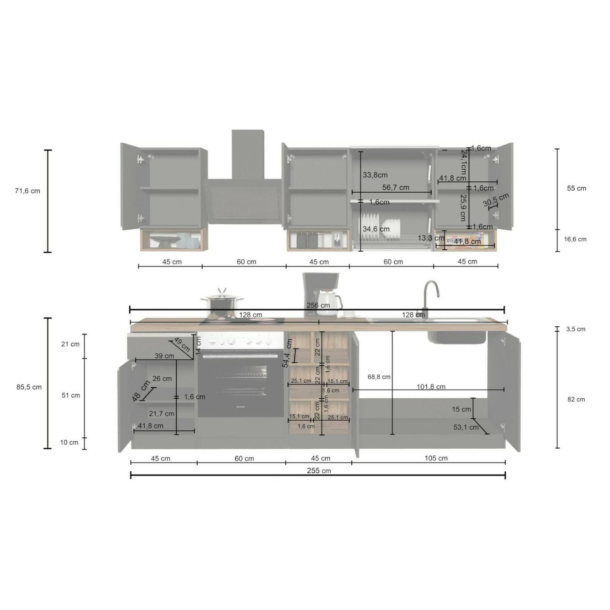 Cucina completa Dceccaron, Cucina pratica e salvaspazio, Parete da cucina con 8 ante e 1 cassetto, 100% Made in Italy, 255x60h85 cm, Antracite e Rovere