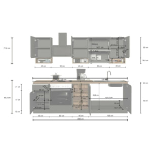 Cucina completa Dceccaron, Cucina pratica e salvaspazio, Parete da cucina con 8 ante e 1 cassetto, 100% Made in Italy, 255x60h85 cm, Antracite e Rovere