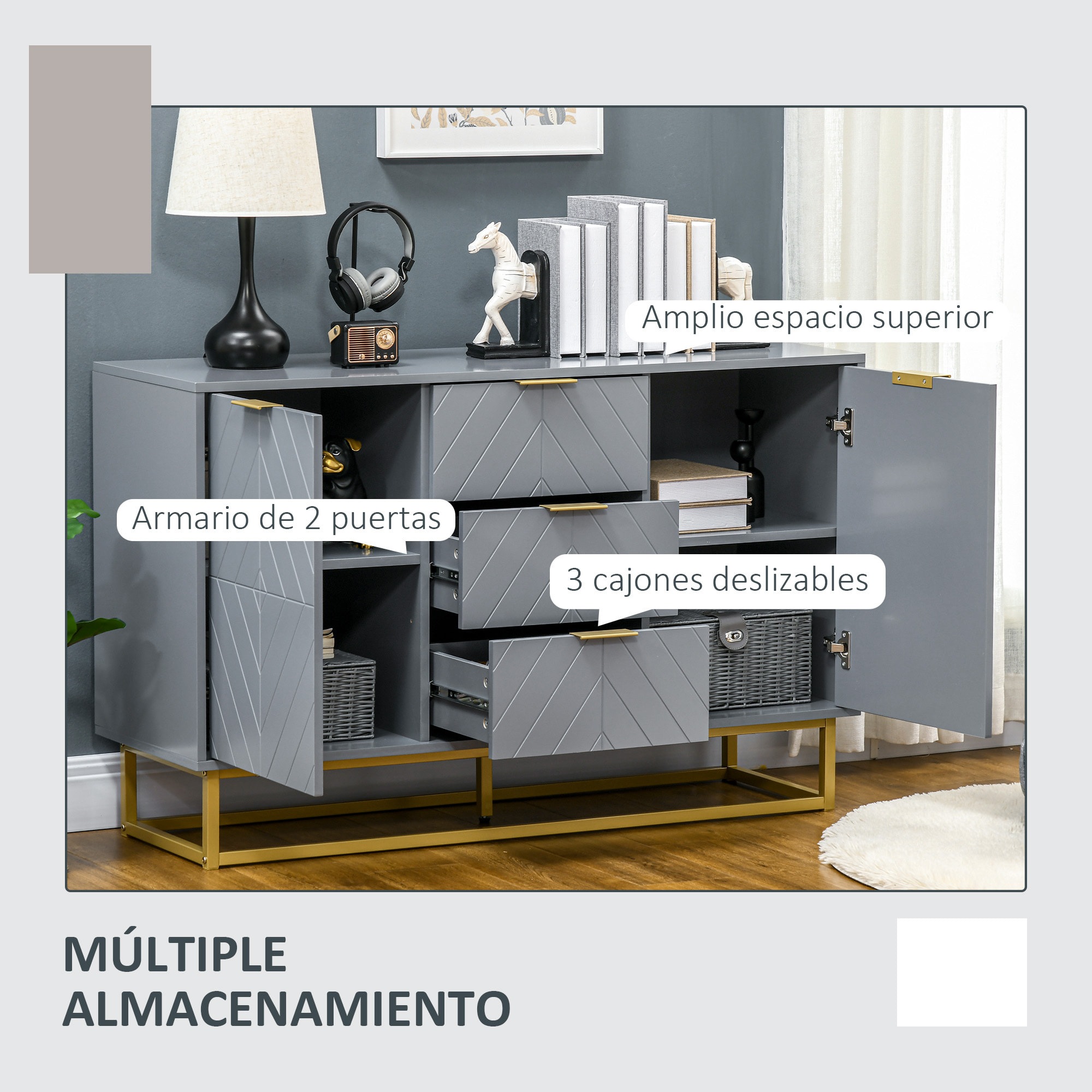 Aparador Moderno Aparador para Salón con 3 Cajones 2 Puertas y Estante Ajustable Mueble Auxiliar para Salón Antivuelco 120x40x76 cm Gris