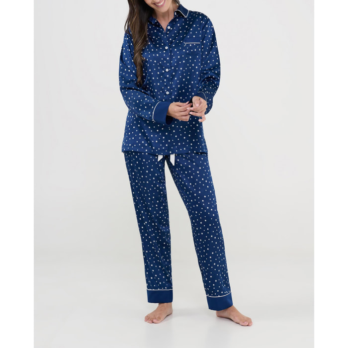 Pijama mujer raso estampado, chaqueta abierta con botones, bolsillo con vivo, manga larga y pantalón largo