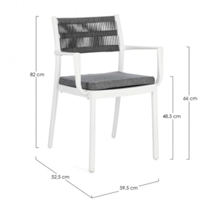 Set di 4 sedie ALVIN in polipropilene bianco e corda intrecciata grigio scuro, con braccioli