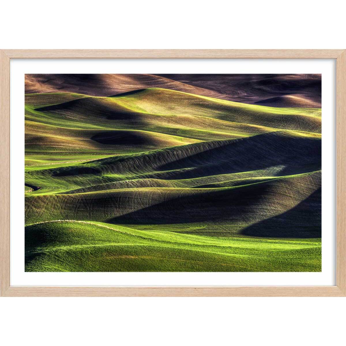 Affiche ""Champs et colline USA"" Affiche + cadre en bois - Chêne