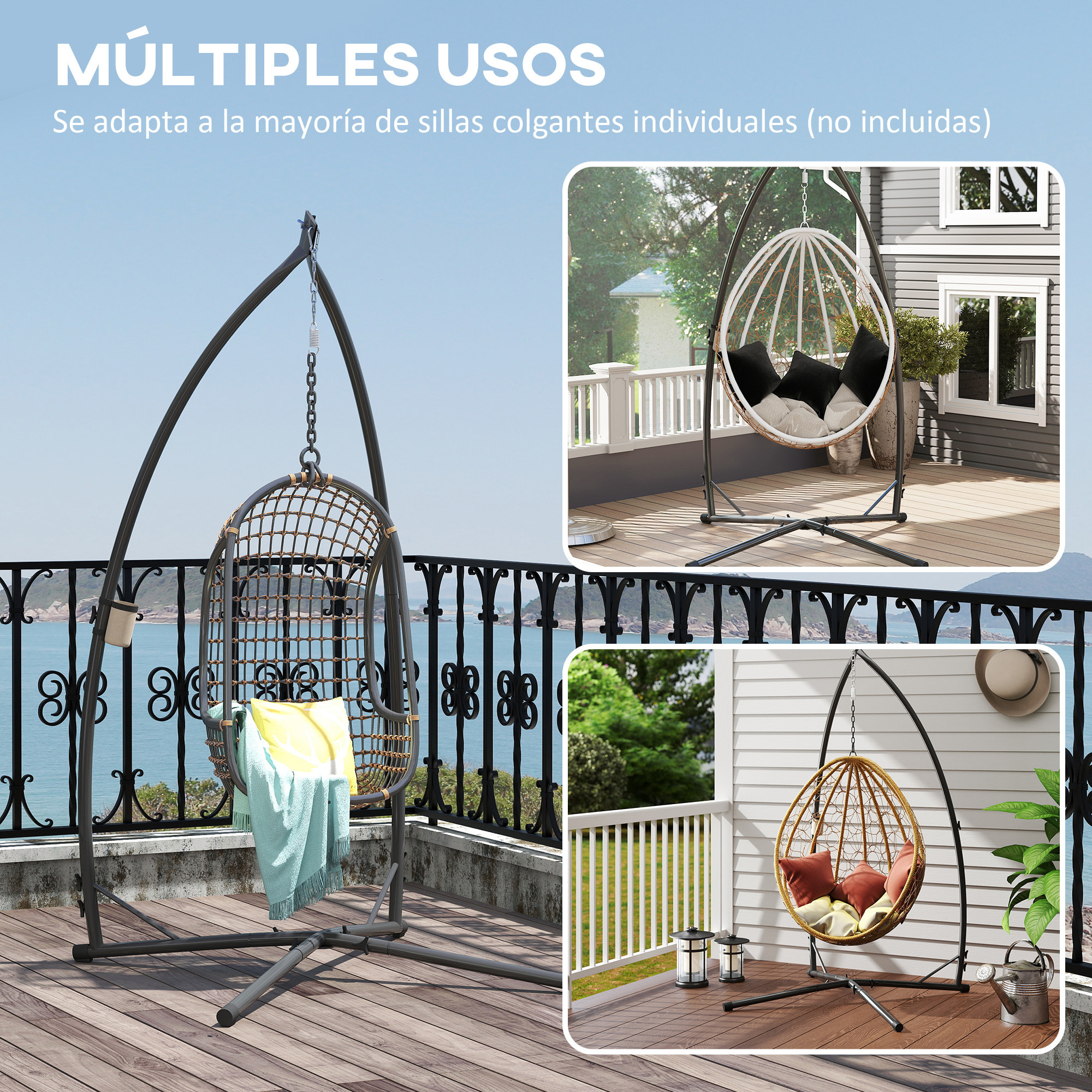 Soporte para Silla Colgante de Huevos Altura 215 cm con Estructura de Acero Base Estable y Portavaso Soporte para Silla Columpio para Patio Jardín Balcón Carga 150 kg Negro