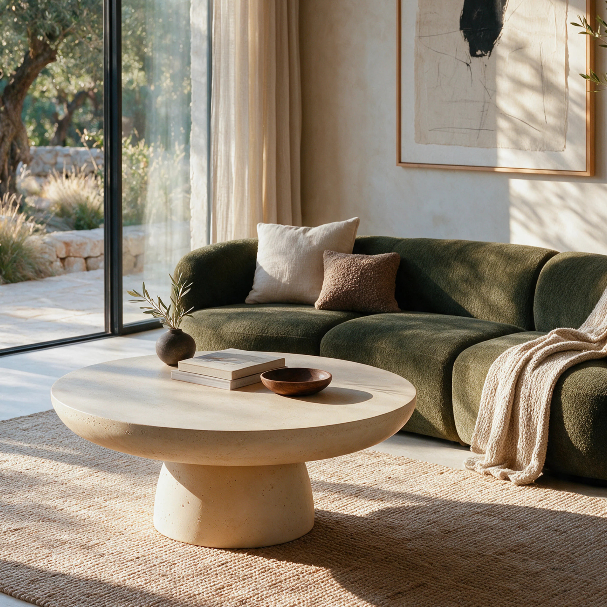 Table basse ronde beige en fibre d'argile effet béton D90 cm - Paros