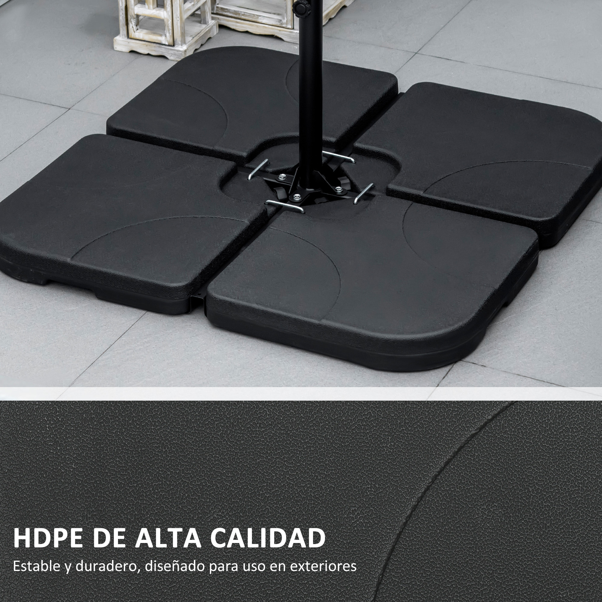 Peso para Base de Sombrilla de 4 Piezas Base para Sombrilla Excéntrica Cuadrado Rellenable de Agua 15 Litro Arena 19,5 kg para Base Cruzada Negro