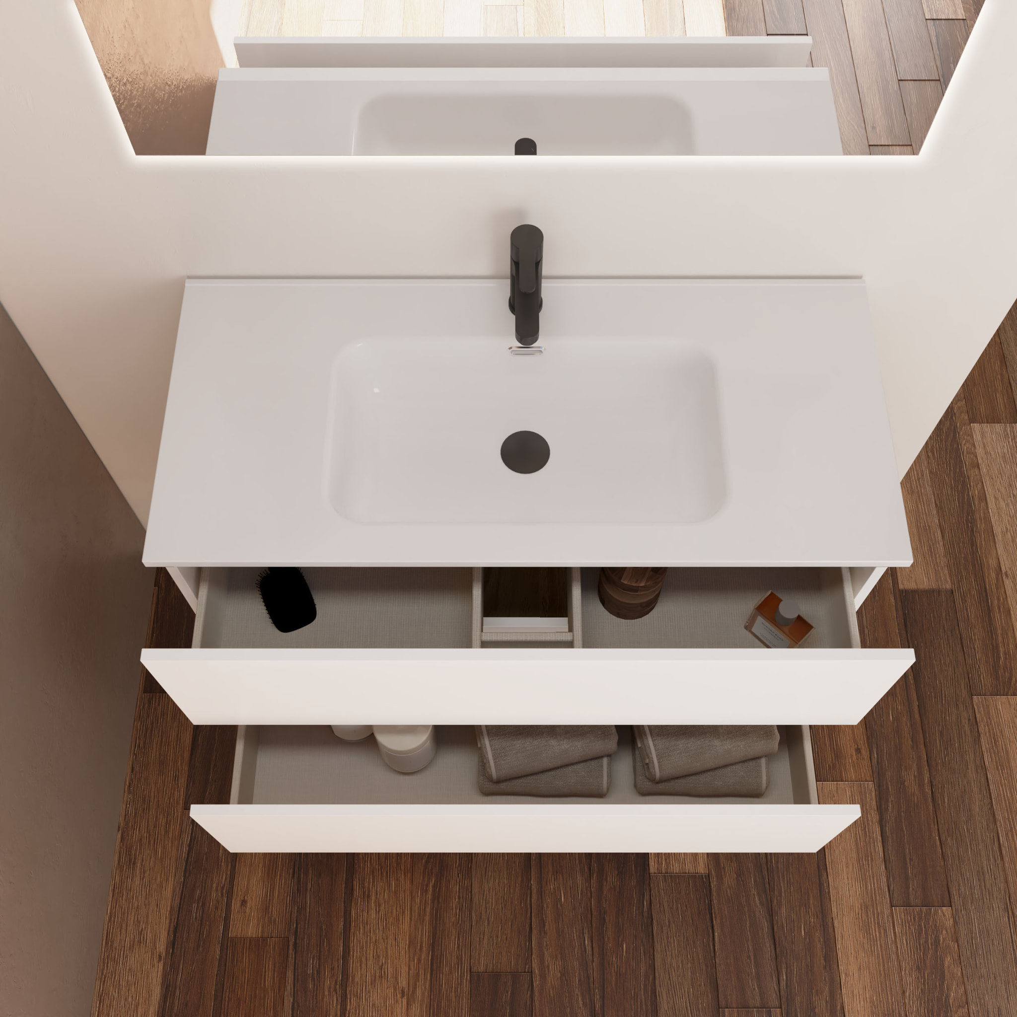Conjunto de Baño Kaji | Mueble de Baño Suspendido | 60 cm Blanco| Dos Cajones | Lavabo Encastrado | No incluye Espejo | Alday