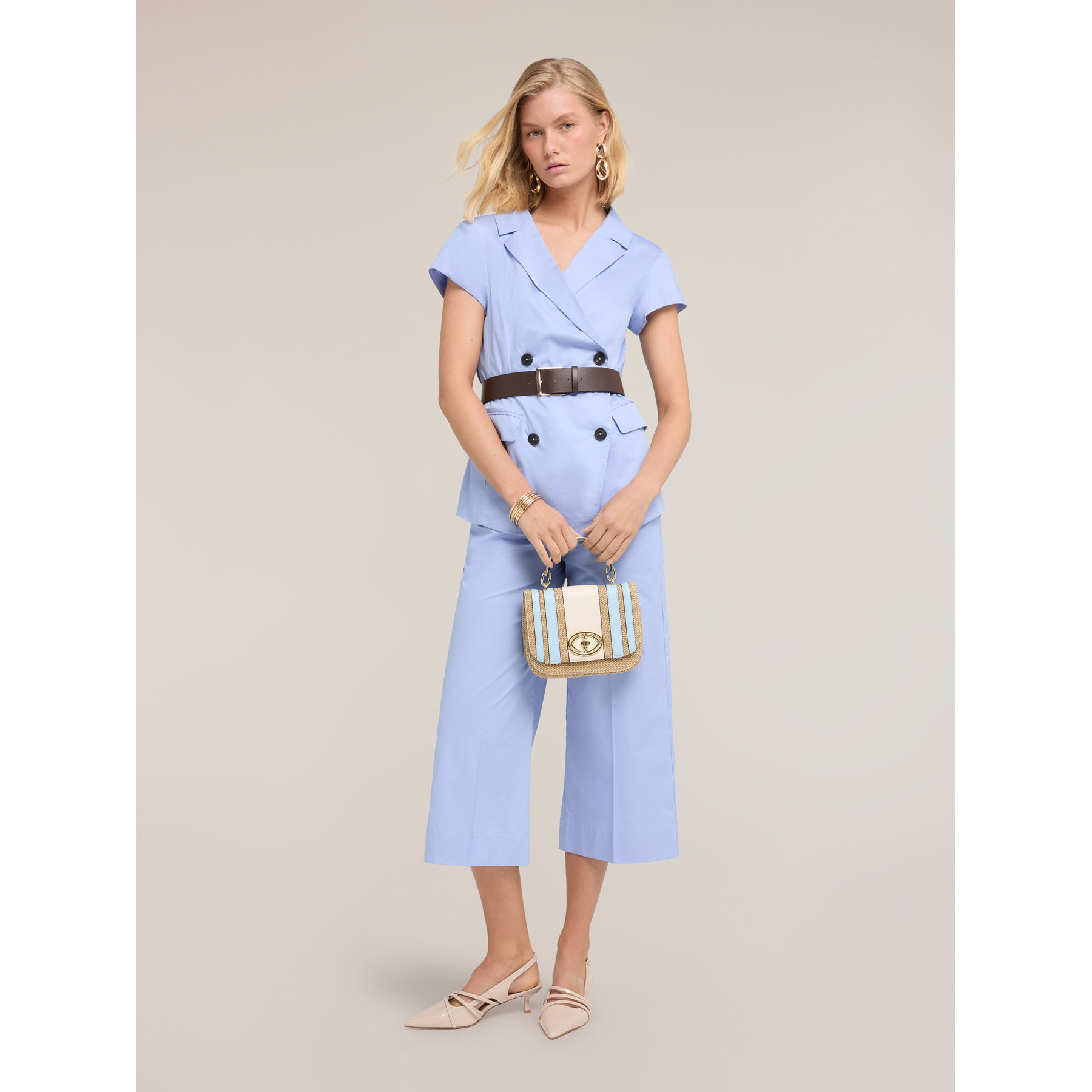 Motivi - Pantaloni cropped in tela misto cotone - Azzurro