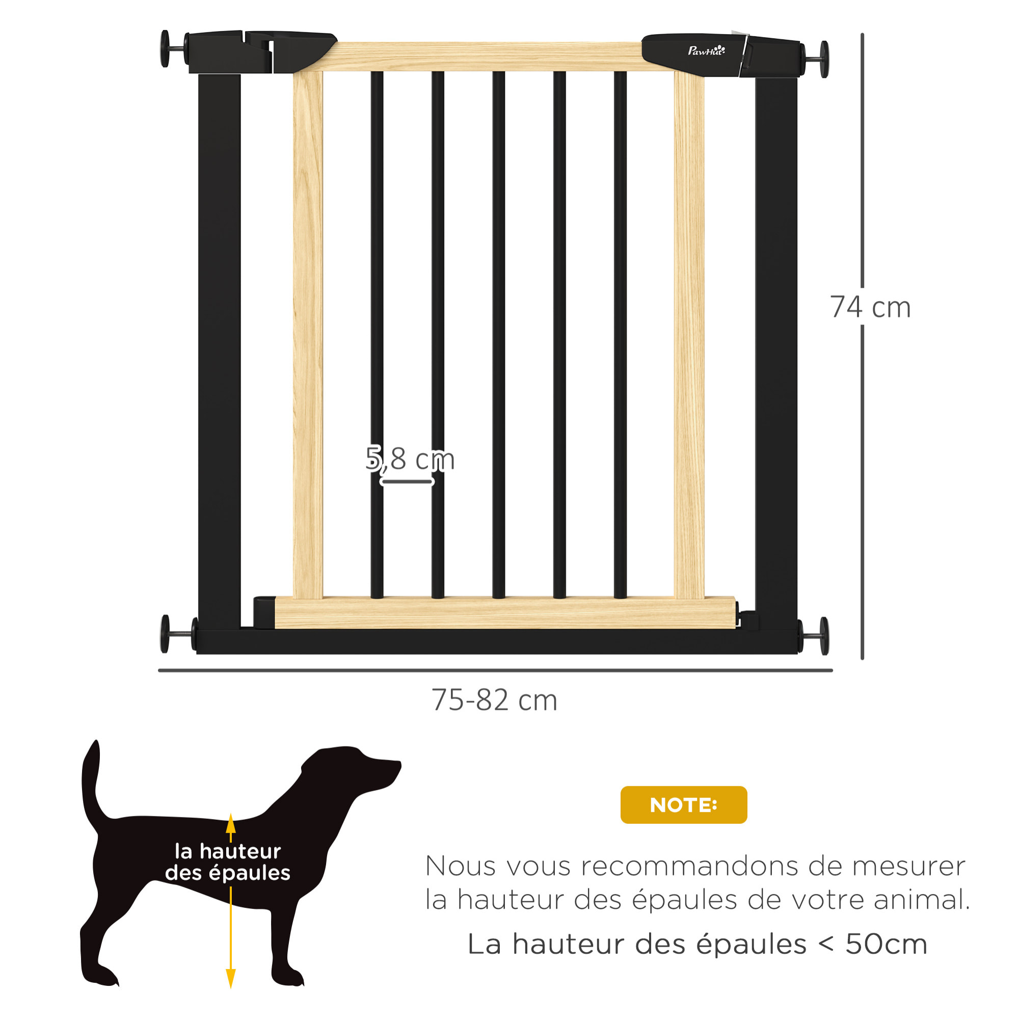 Barrière de sécurité animaux - longueur réglable dim. 75-82 cm - porte verrouillable, ouverture double sens - sans perçage - acier noir pin