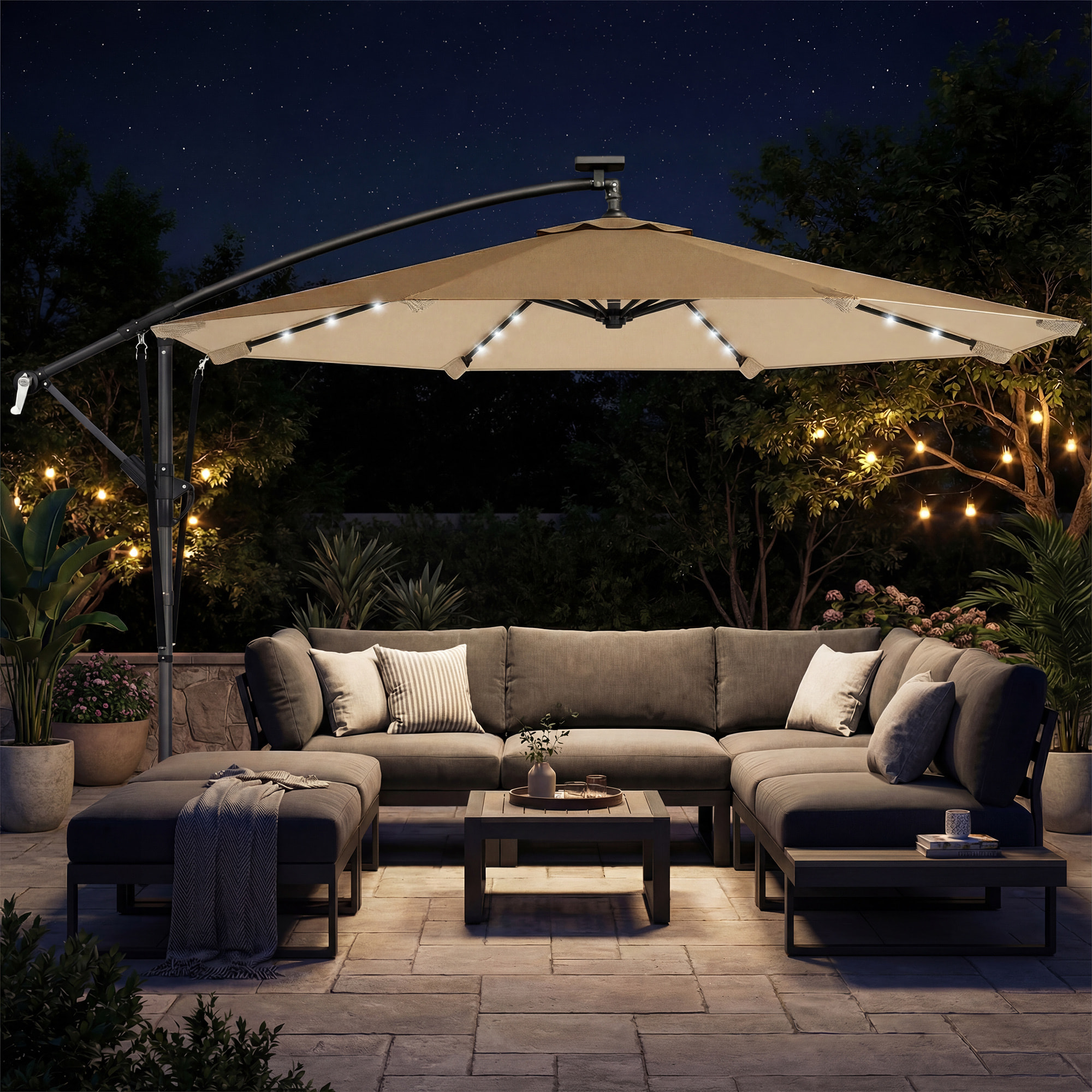 Parasol Excéntrico con Luces LED Solares, Ø330 cm, Sombrilla de Jardín con Base Cruzada, Manivela, Funda Protectora y Cuerda de Viento, Anti-UV 50+, para Terraza, Patio, Caqui