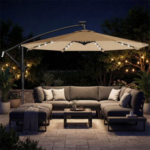 Parasol Excéntrico con Luces LED Solares, Ø330 cm, Sombrilla de Jardín con Base Cruzada, Manivela, Funda Protectora y Cuerda de Viento, Anti-UV 50+, para Terraza, Patio, Caqui