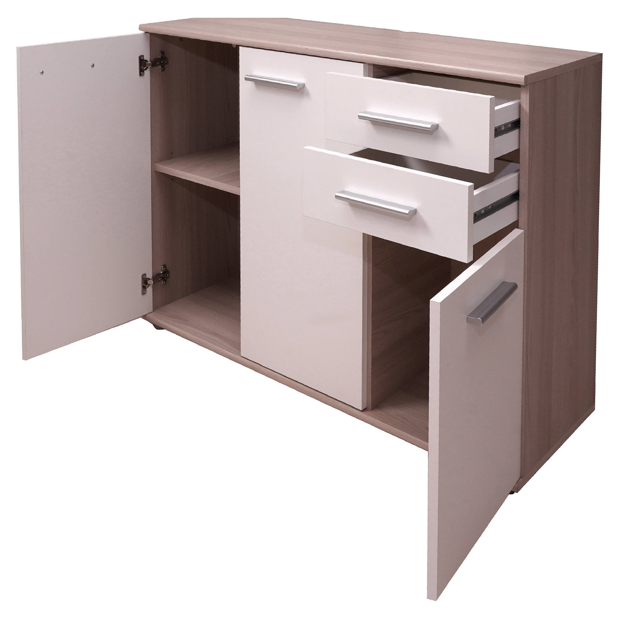 Credenza alta moderna di design a 3 ante e 3 cassetti, Buffet da cucina, Madia con scaffali e ripiani, cm 103x35h70, colore Bianco e Rovere