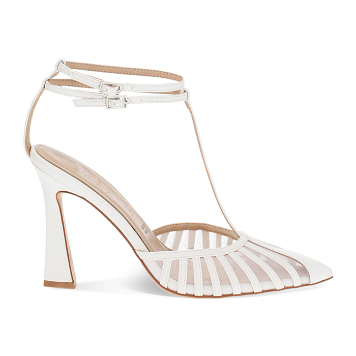 Décolleté slingback donna bianche con T bar, tacco 9,5 cm