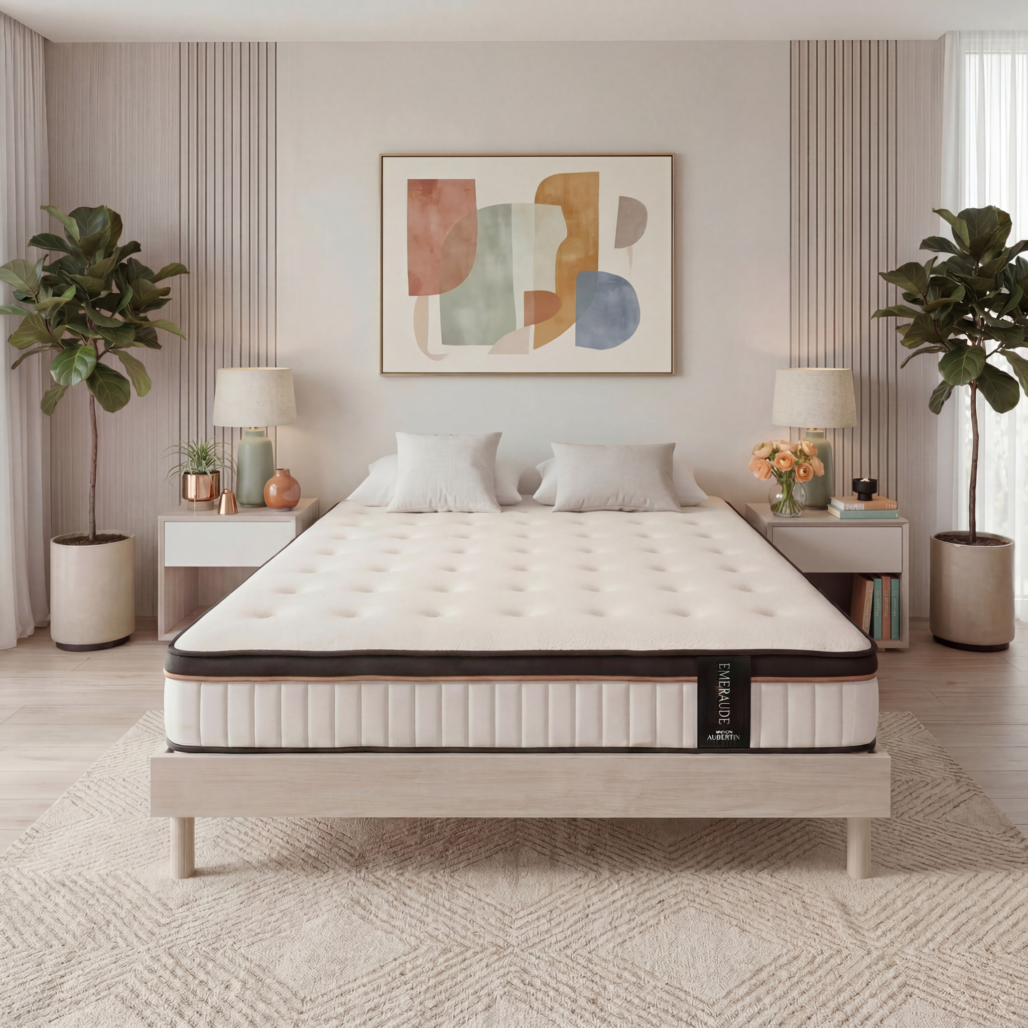 Ensemble Matelas Émeraude & Sommier Kit Bois, Mémoire de Forme & Air System, 25 cm, Accueil Moelleux, Soutien Ferme, Lattes Actives